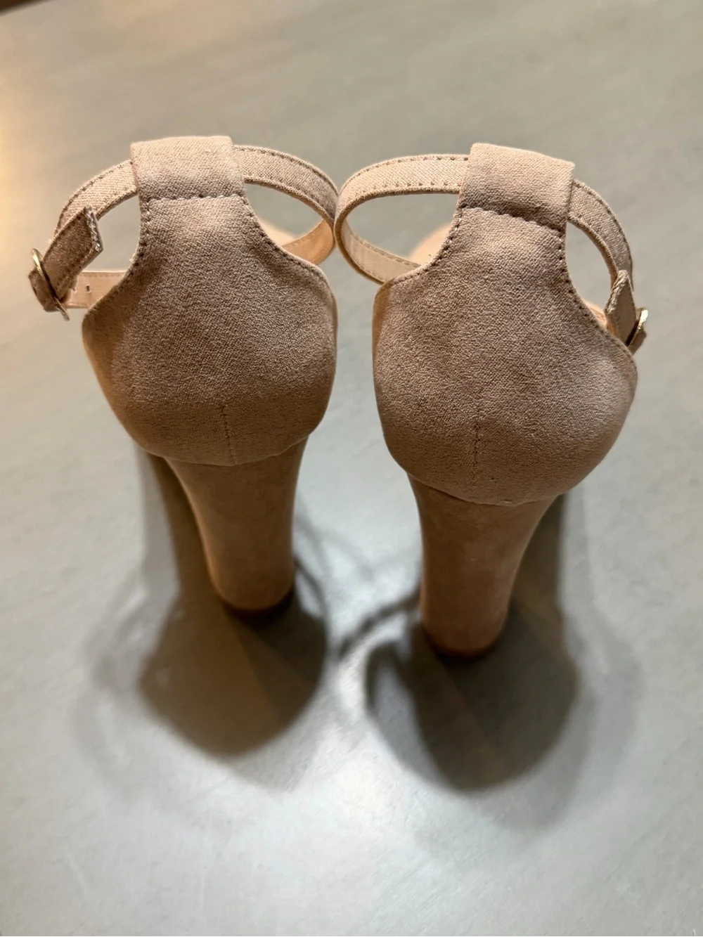 Nude Suede Ankle-Strap Block Heels